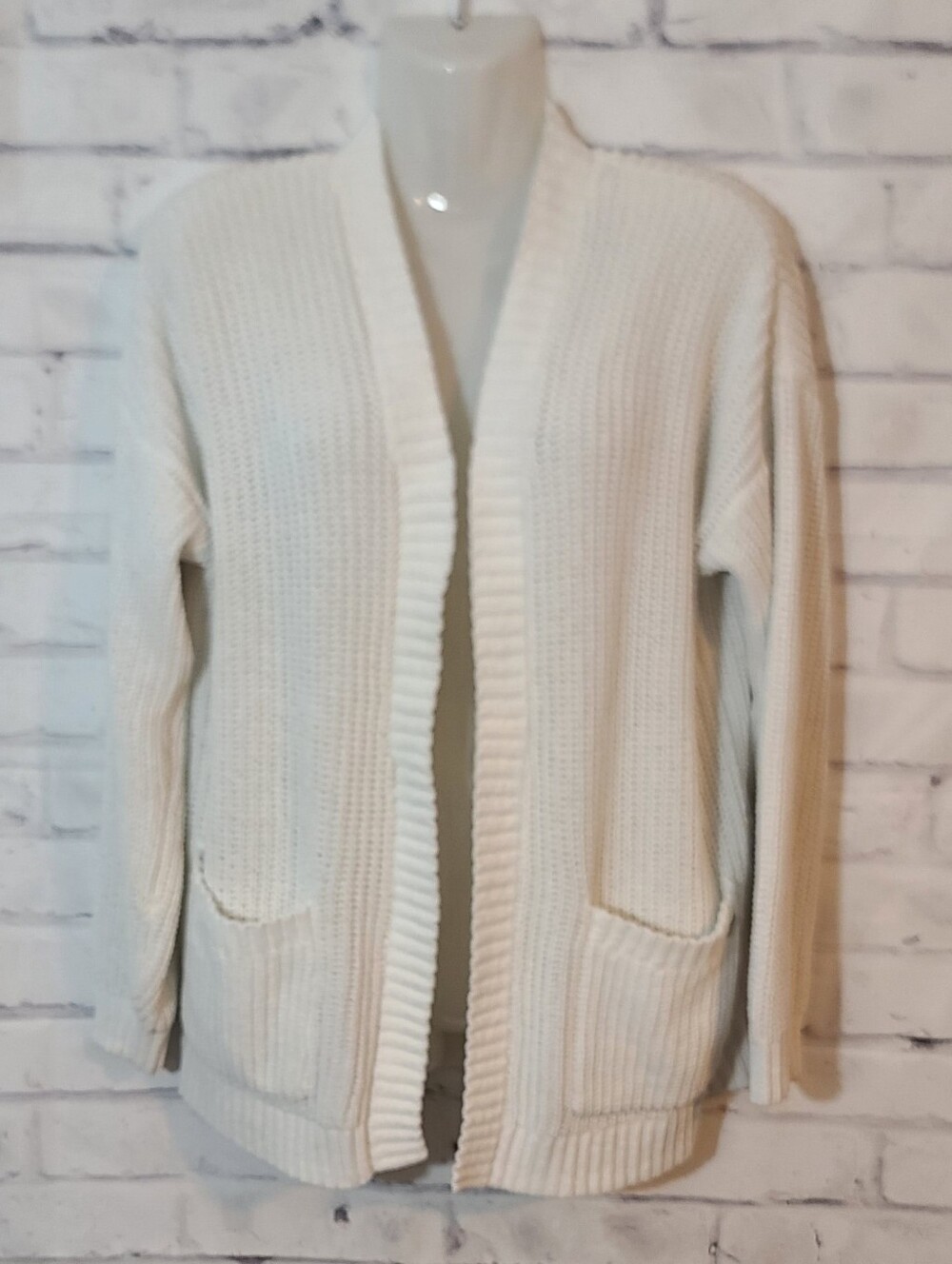 Hollister Women’s White Knit Open-Front Cardigan Sweater w/ Pockets, S